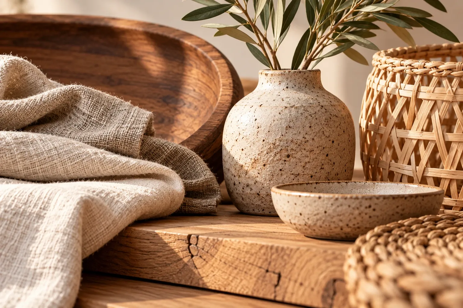 Nahaufnahme typischer Japandi-Materialien: Holzschale, grobes Leinentuch, gesprenkelte Keramikvase mit Olivenzweigen, Keramikschale und Rattankorb auf einem Massivholzbrett