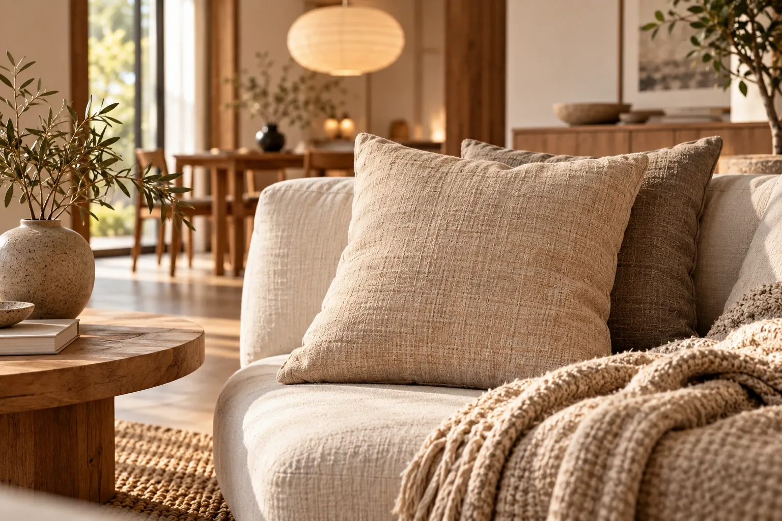 Helles Japandi-Sofa mit strukturierten Leinenkissen in Sand und Taupe, Strickdecke und rundem Holz-Couchtisch, im Hintergrund Essbereich mit Reispapierlampe