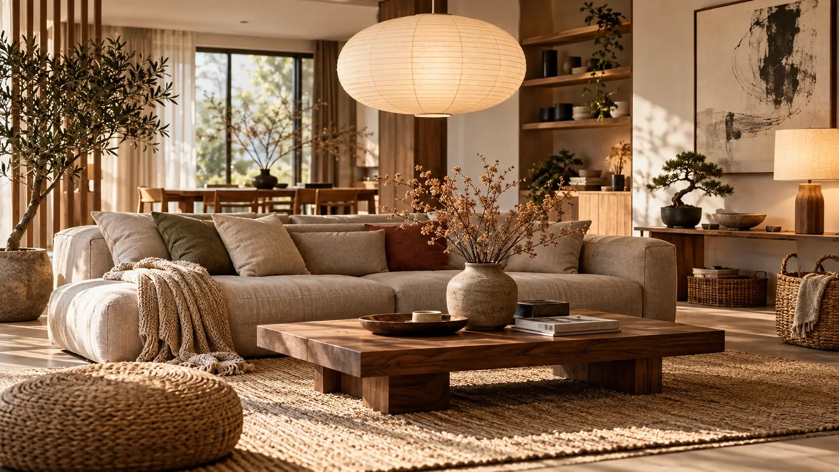 Japandi-Wohnzimmer mit beigem Leinensofa, niedrigem Holz-Couchtisch, Reispapier-Pendelleuchte, Keramikvase mit Zweigen und Seegraskörben in warmem Abendlicht